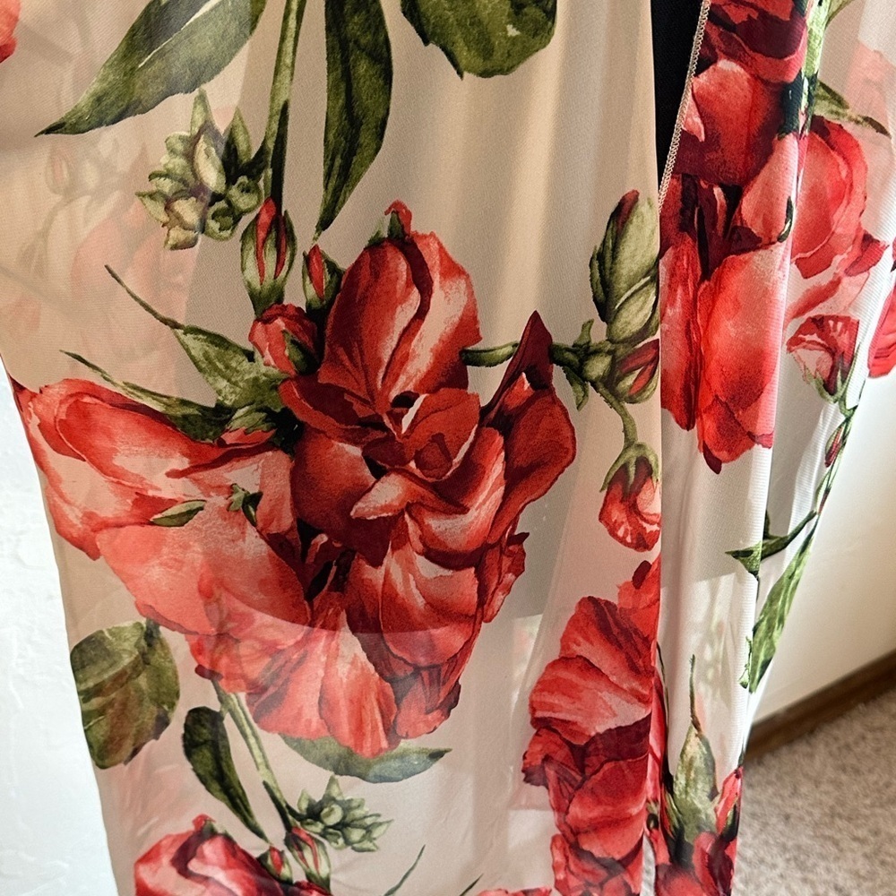 Tan with Red Roses Floral Sheer Bell Sleeves Kimono Swimsuit Cover-Up - Picture 4 of 10